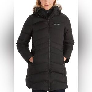Marmot Black Down Puffer Coat – Faux Fur Hood – Women’s Medium – 85% Duck Down